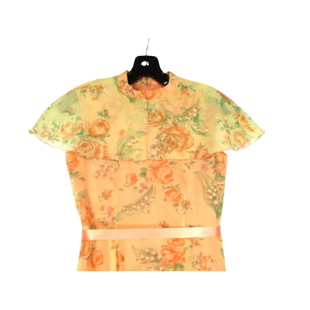 VTG Lined CHIFFON Orange/Yellow FLORAL Party CAPELET DRESS Bust-31